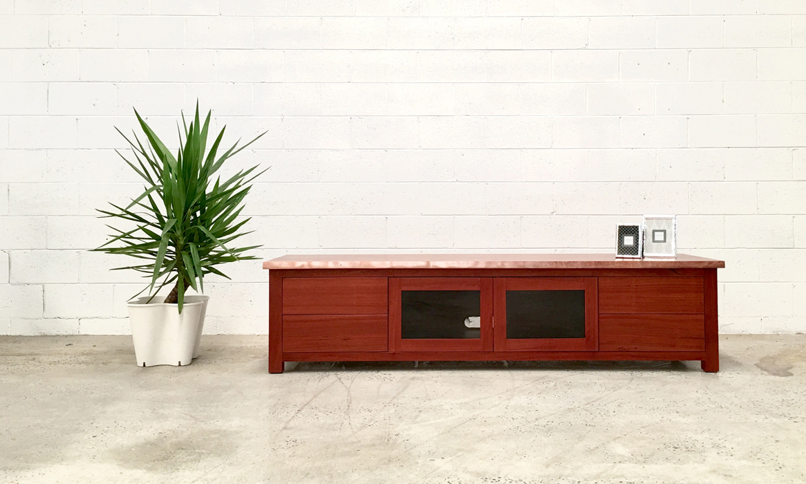 Natural Edge Red Gum Entertainment TV Unit with indoor plants