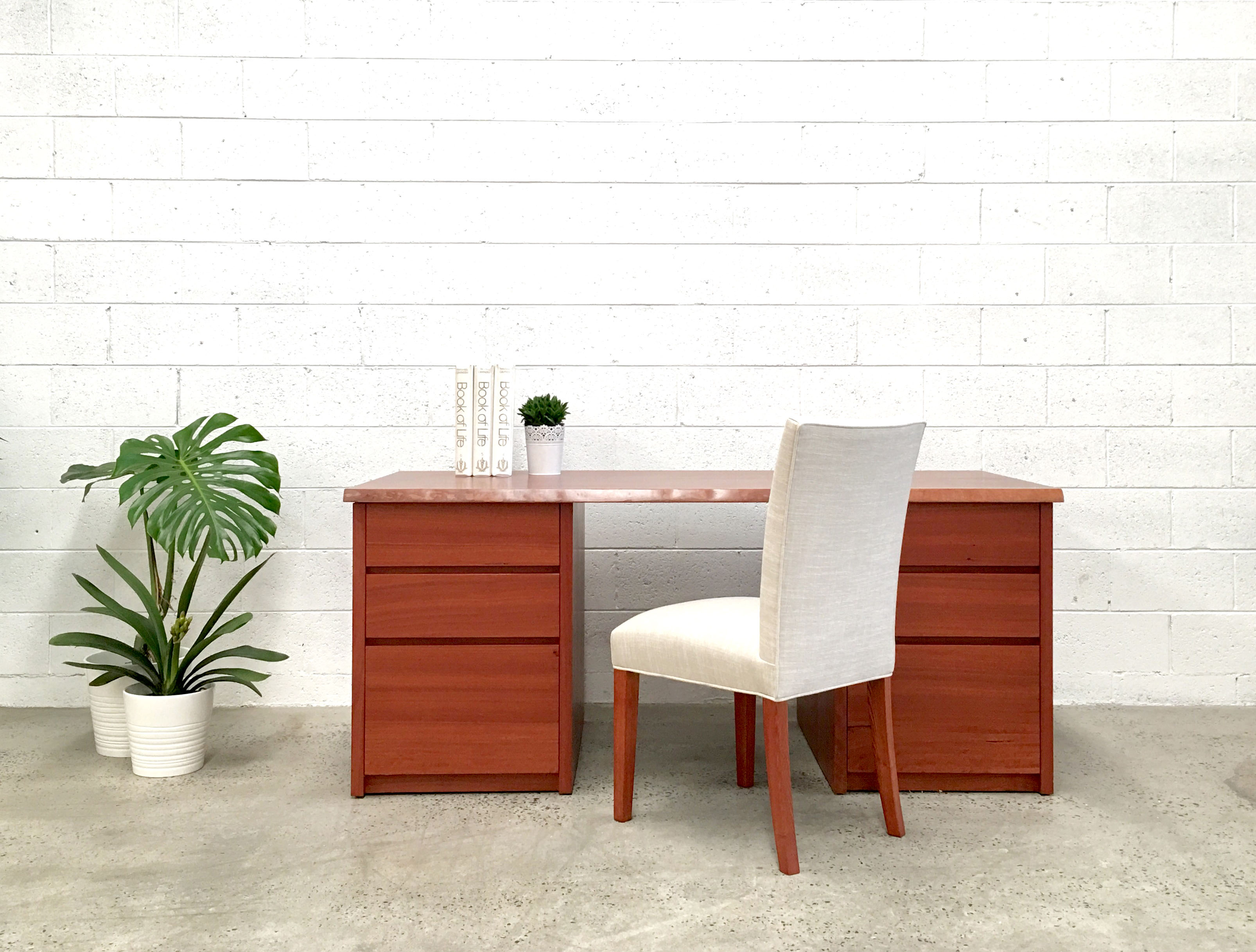 natural edge red gum desk with filing drawers